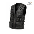Men’s Black Tactical Leather Utility Vest with Multi-Pocket Design