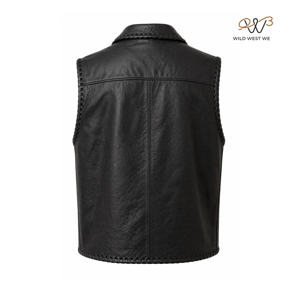 Men’s Black Whipstitched Leather Vest with Toggle Closure