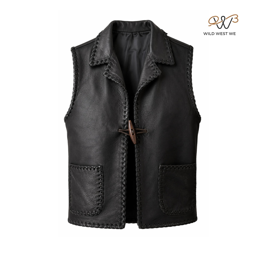 Men’s Black Whipstitched Leather Vest with Toggle Closure