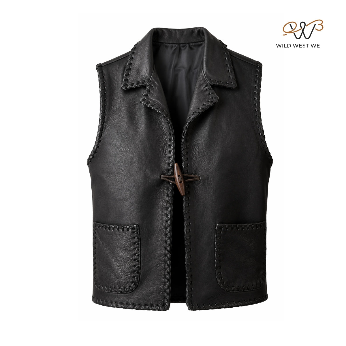 Men’s Black Whipstitched Leather Vest with Toggle Closure