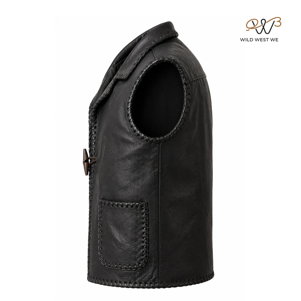 Men’s Black Whipstitched Leather Vest with Toggle Closure