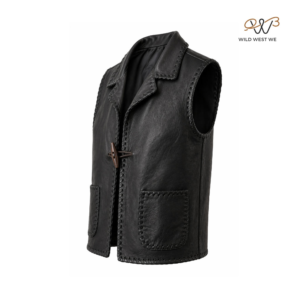 Men’s Black Whipstitched Leather Vest with Toggle Closure
