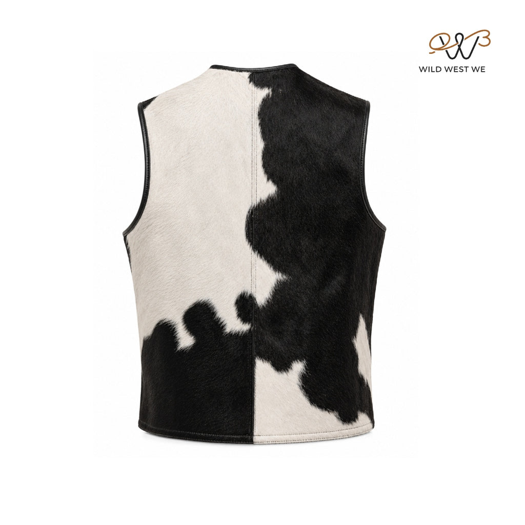 Men’s Black & White Cowhide Leather Vest – Western Style
