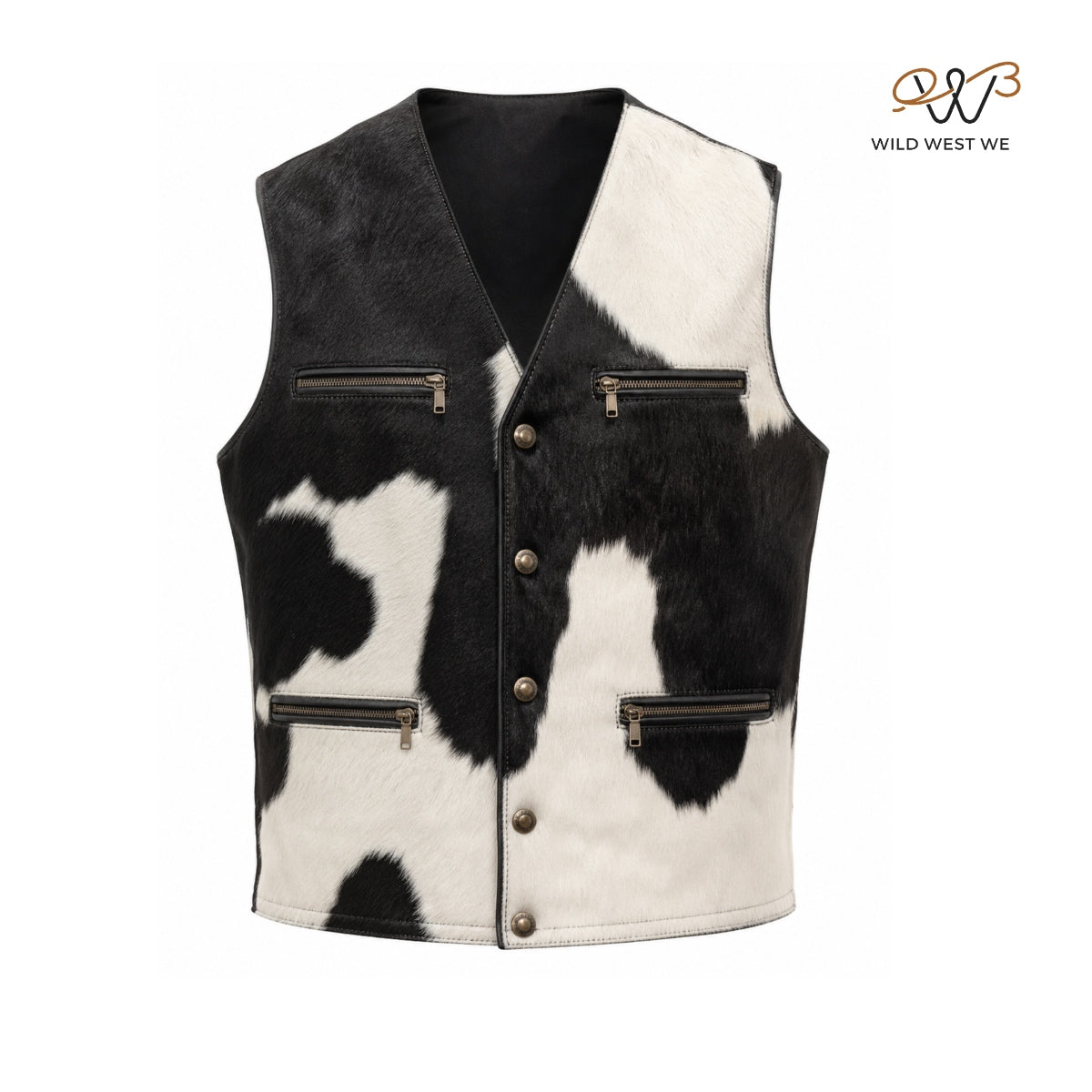 Men’s Black & White Cowhide Leather Vest – Western Style