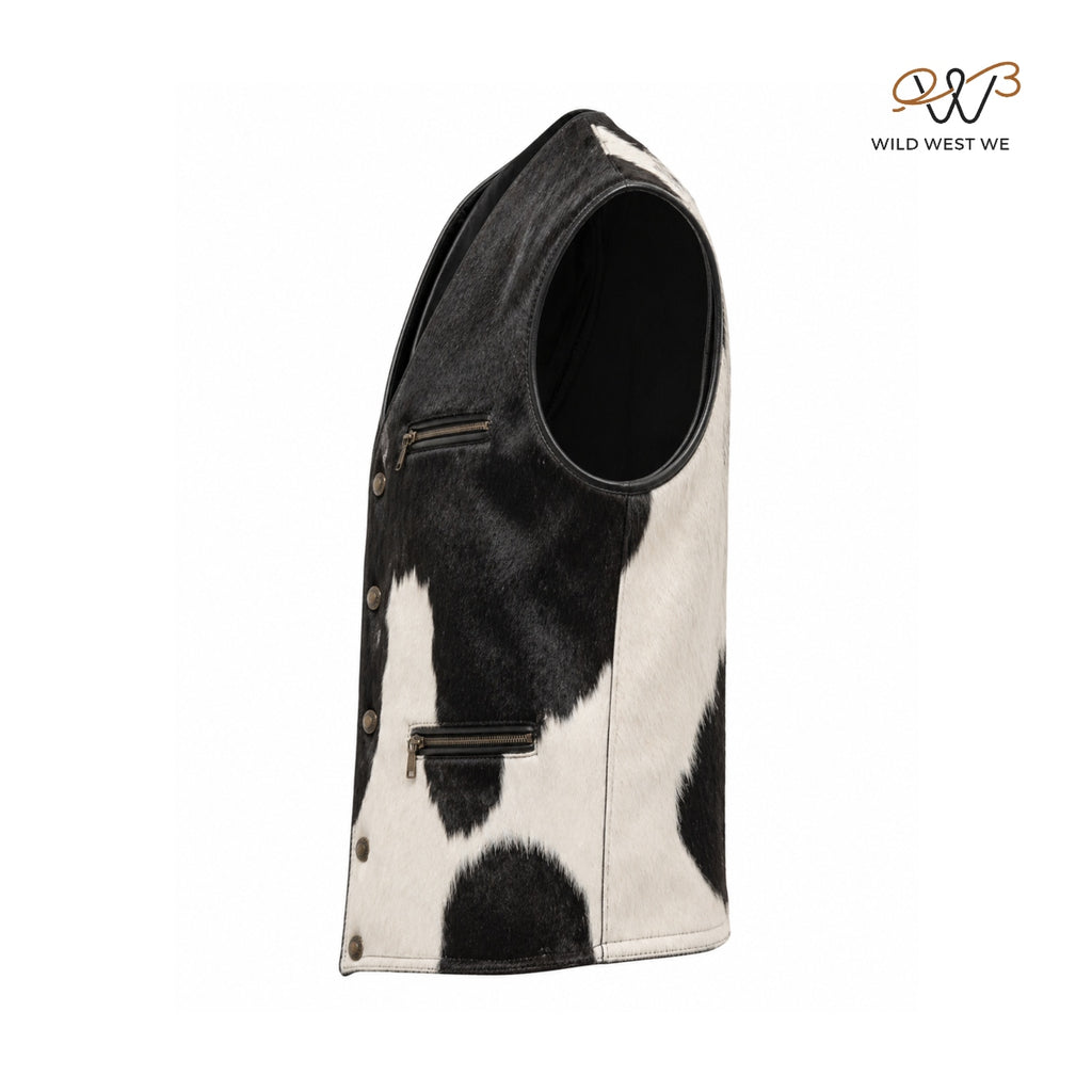Men’s Black & White Cowhide Leather Vest – Western Style