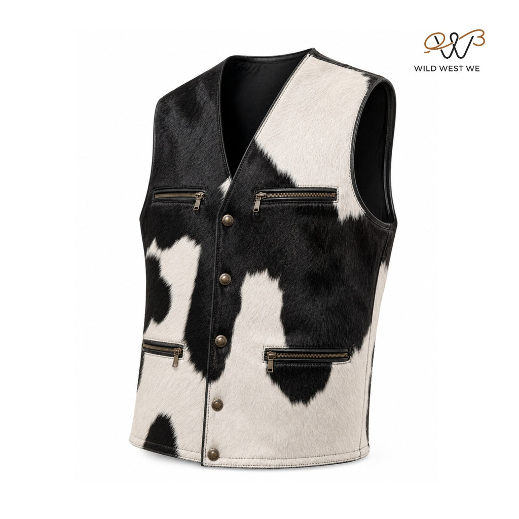 Men’s Black & White Cowhide Leather Vest – Western Style