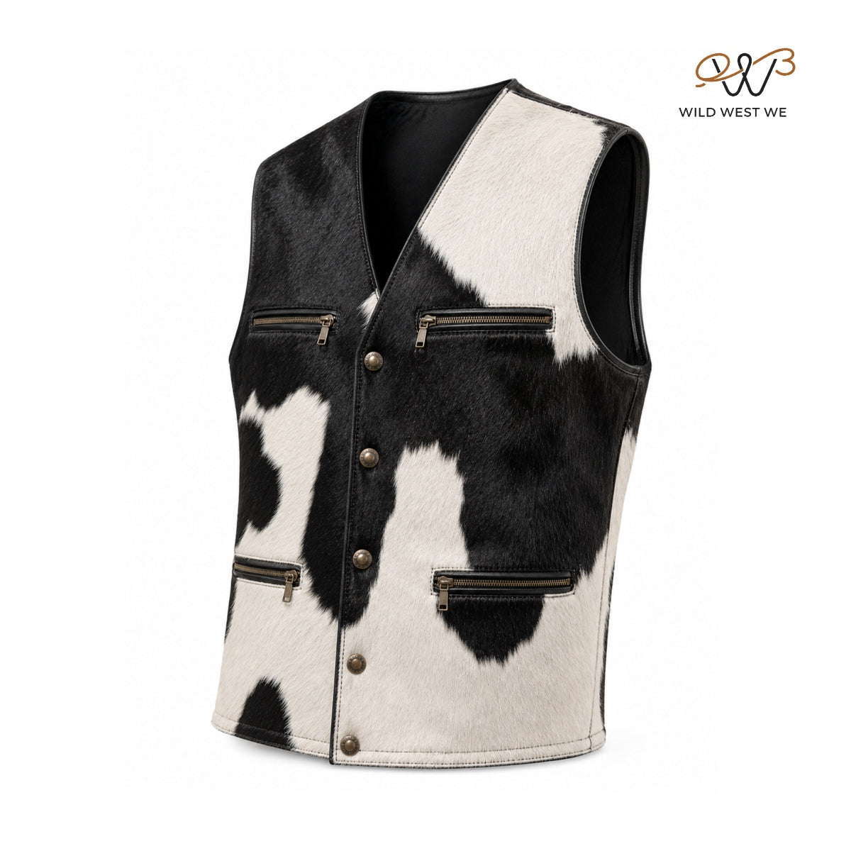 Men’s Black & White Cowhide Leather Vest – Western Style