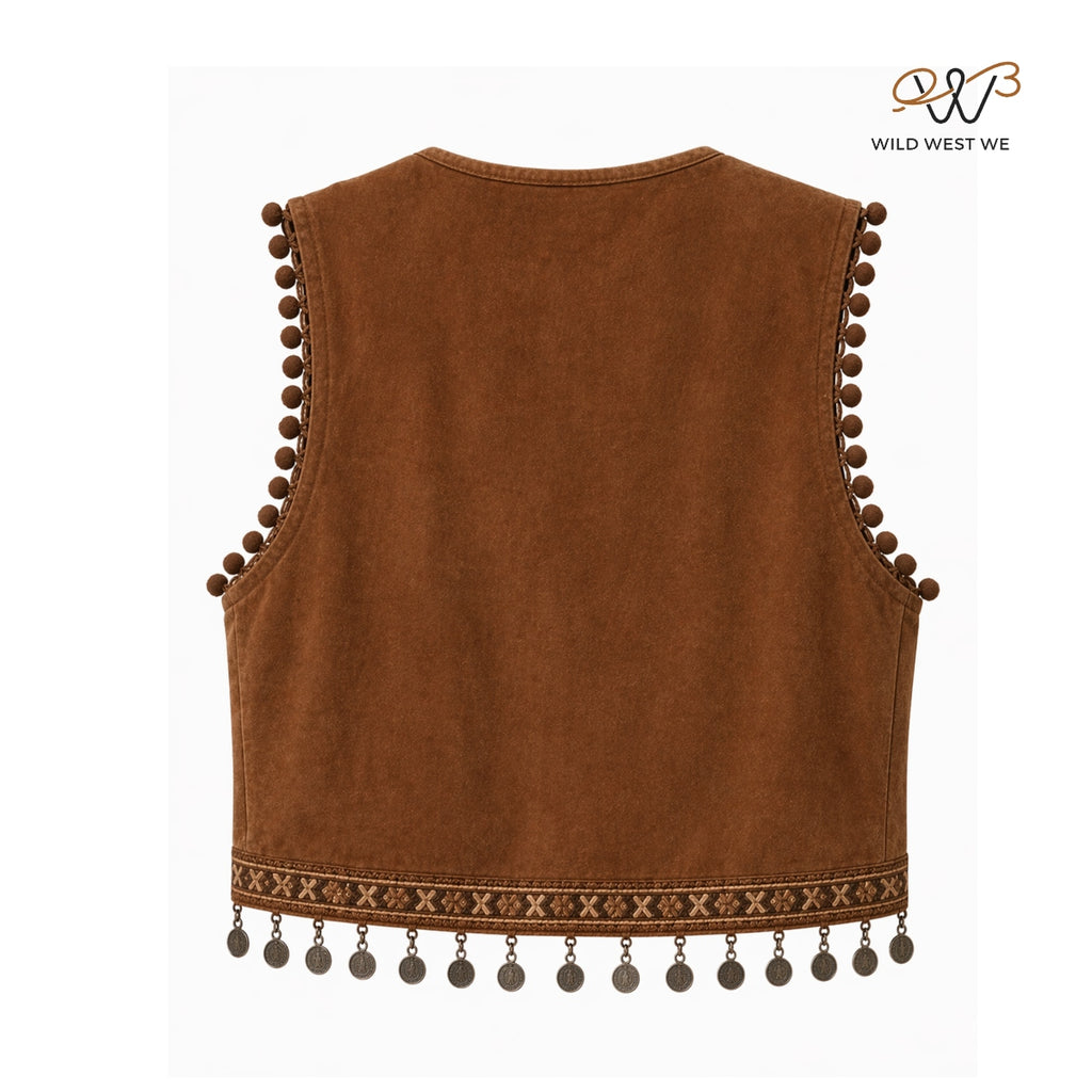 Women’s Boho Suede Vest with Crochet Panels & Coin Tassel Trim
