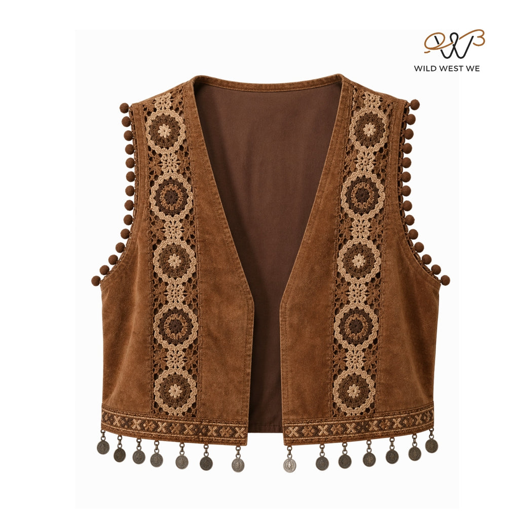 Women’s Boho Suede Vest with Crochet Panels & Coin Tassel Trim