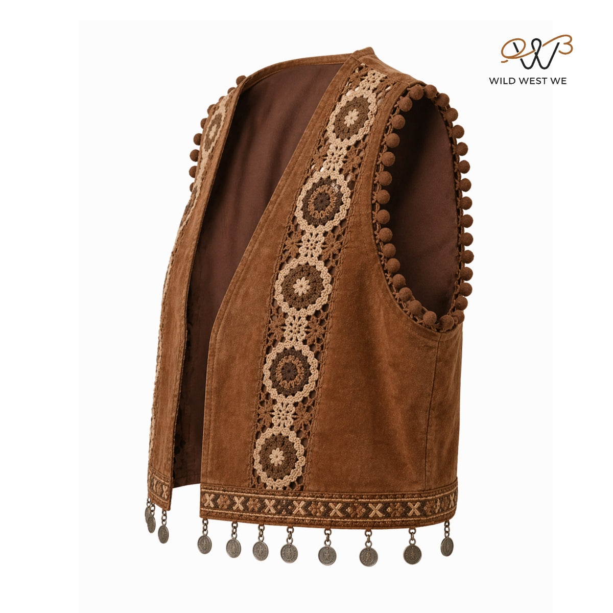 Women’s Boho Suede Vest with Crochet Panels & Coin Tassel Trim