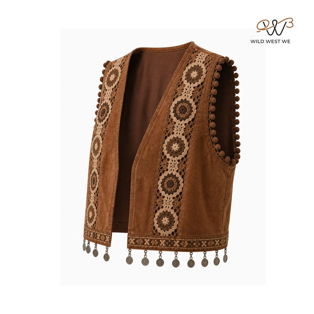 Women’s Boho Suede Vest with Crochet Panels & Coin Tassel Trim