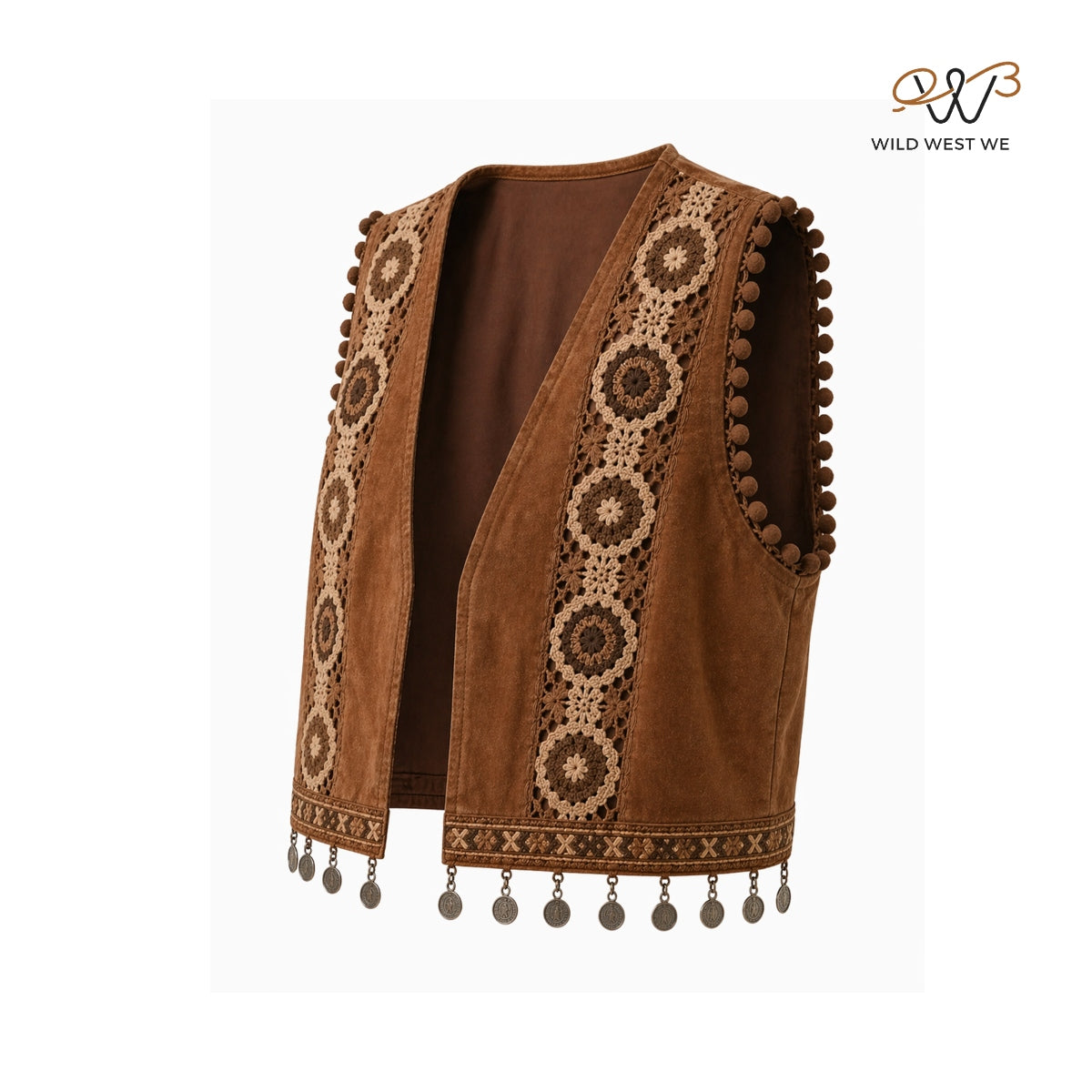 Women’s Boho Suede Vest with Crochet Panels & Coin Tassel Trim