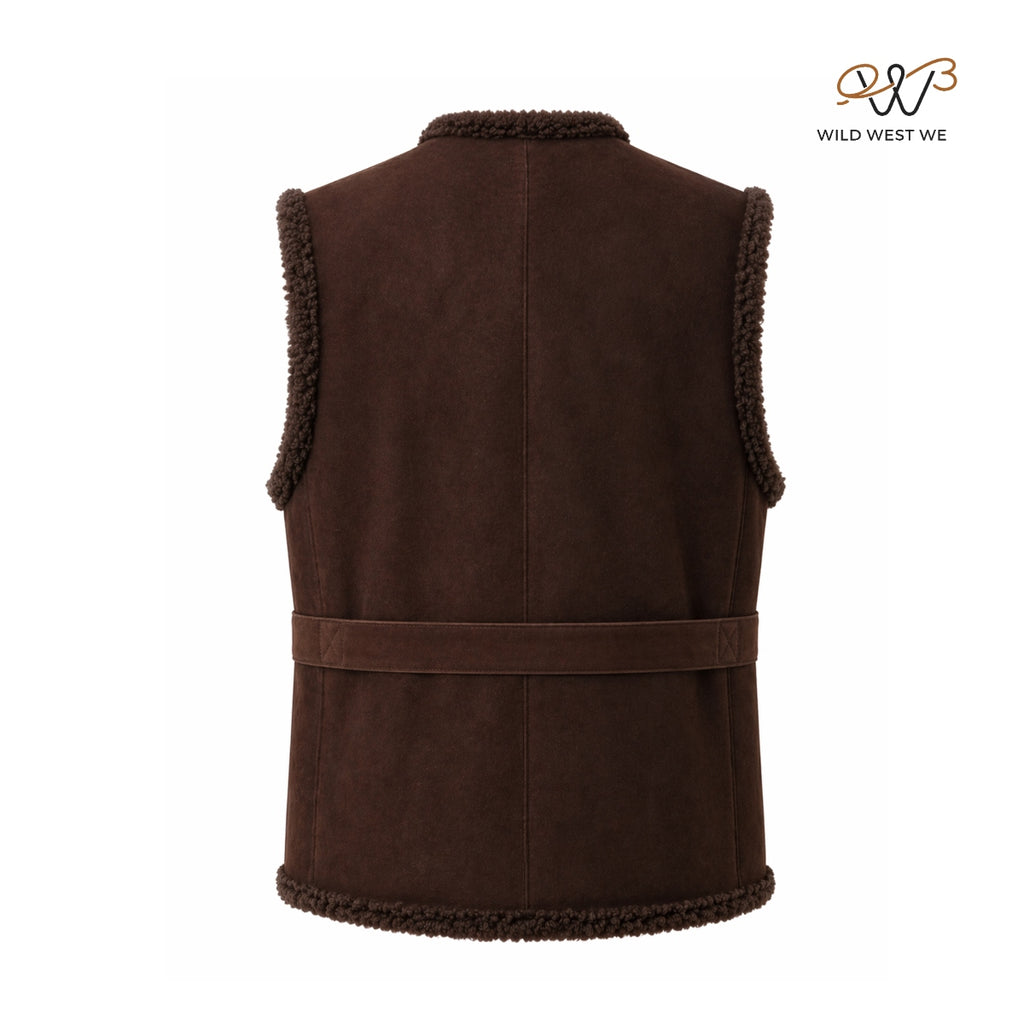 Men’s Brown Shearling Suede Leather Vest with Wrap Closure