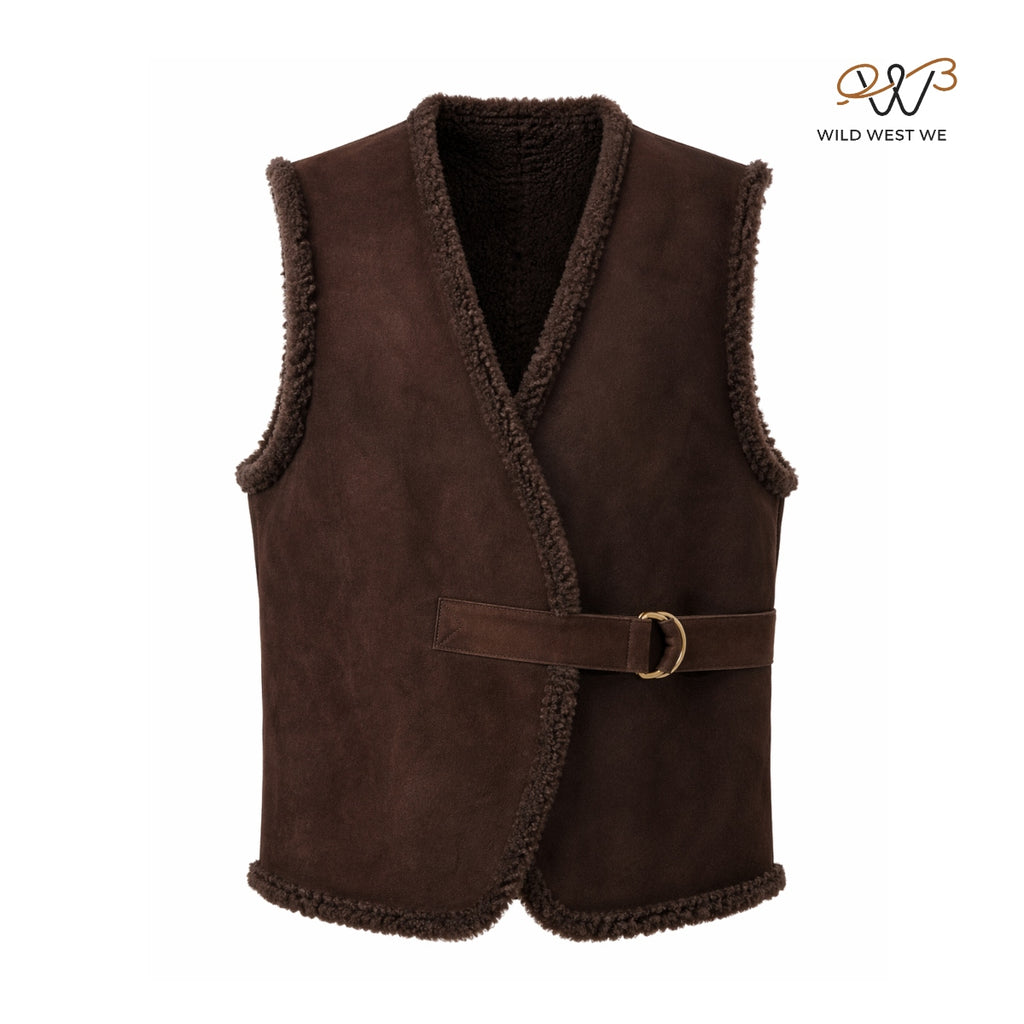 Men’s Brown Shearling Suede Leather Vest with Wrap Closure