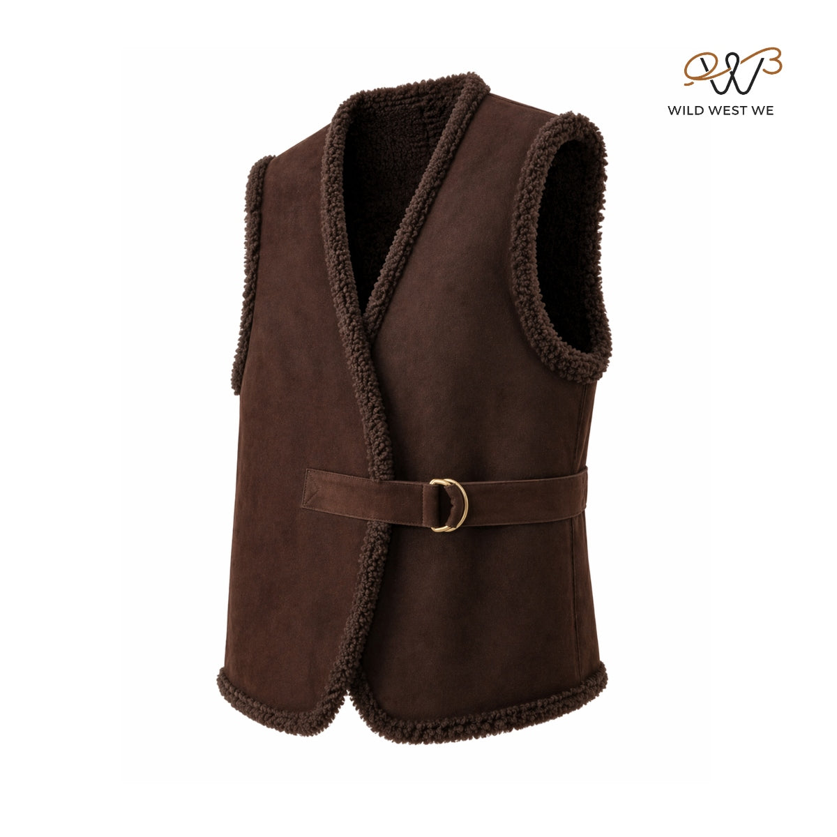 Men’s Brown Shearling Suede Leather Vest with Wrap Closure