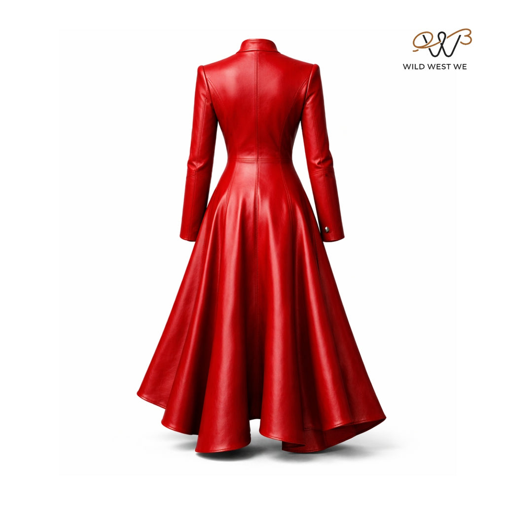 Women’s Red Leather Flare Coat