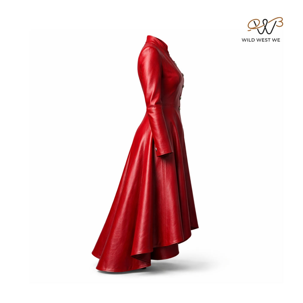 Women’s Red Leather Flare Coat