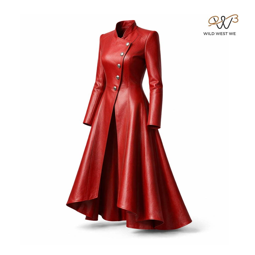 Women’s Red Leather Flare Coat