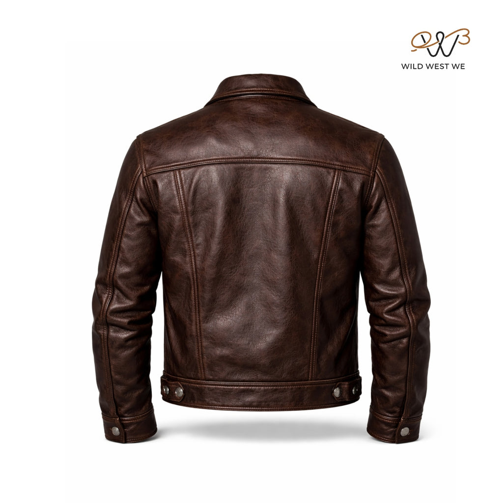 Men’s Dark Brown Leather Trucker Jacket