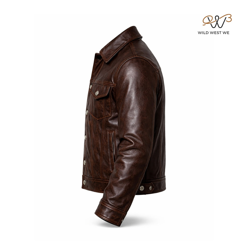 Men’s Dark Brown Leather Trucker Jacket