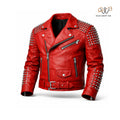 Women’s Red Studded Leather Biker Jacket