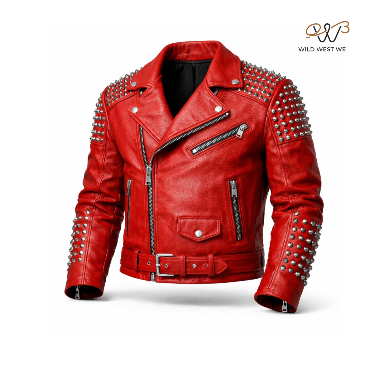 Women’s Red Studded Leather Biker Jacket
