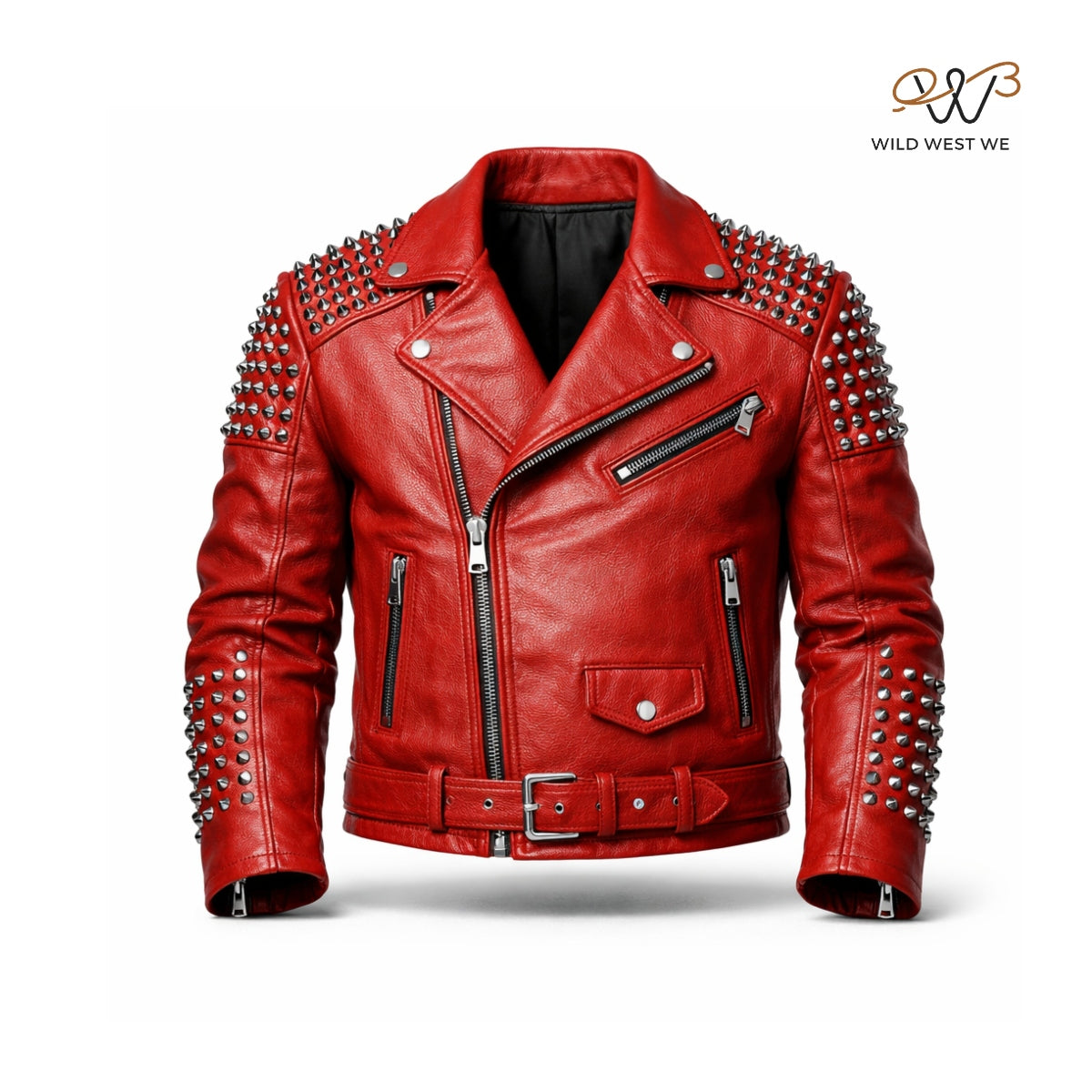 Women’s Red Studded Leather Biker Jacket