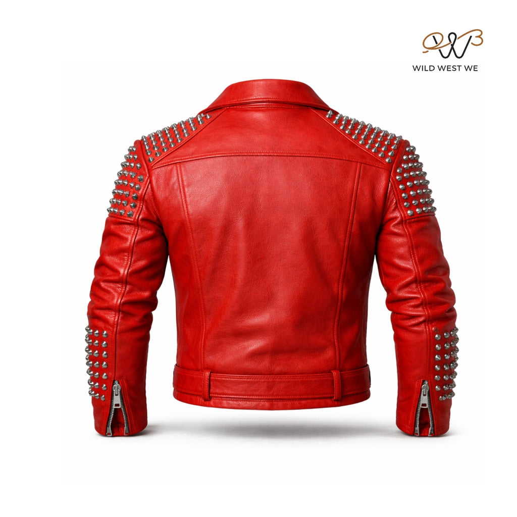 Women’s Red Studded Leather Biker Jacket