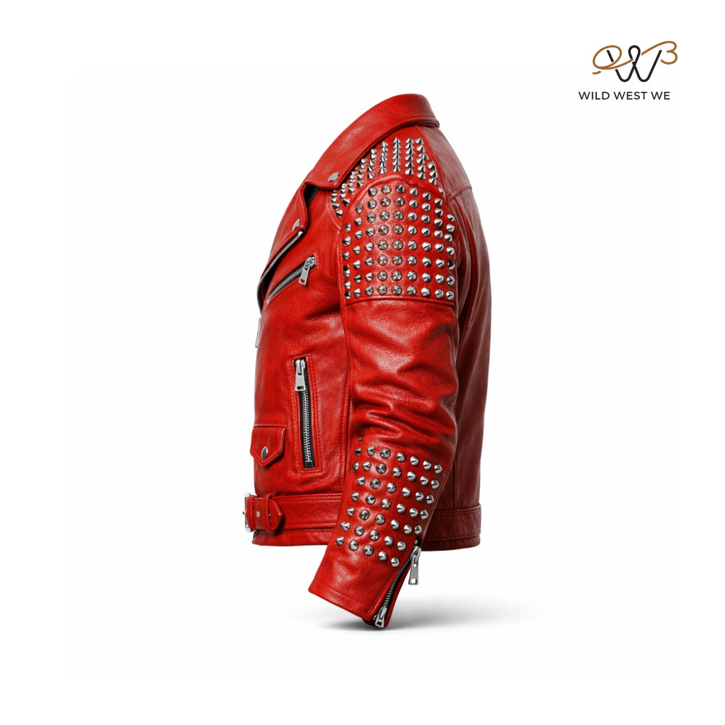 Women’s Red Studded Leather Biker Jacket