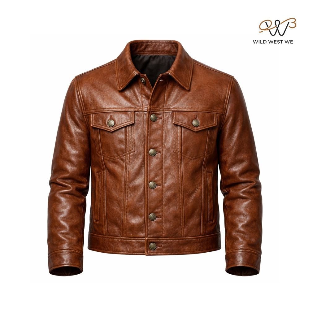 Men’s Brown Leather Trucker Jacket