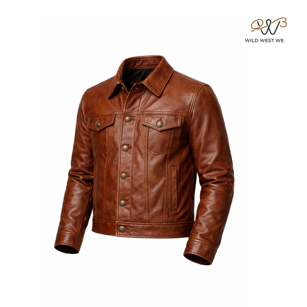 Men’s Brown Leather Trucker Jacket
