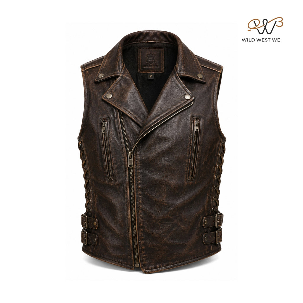 Men’s Distressed Brown Biker Leather Vest