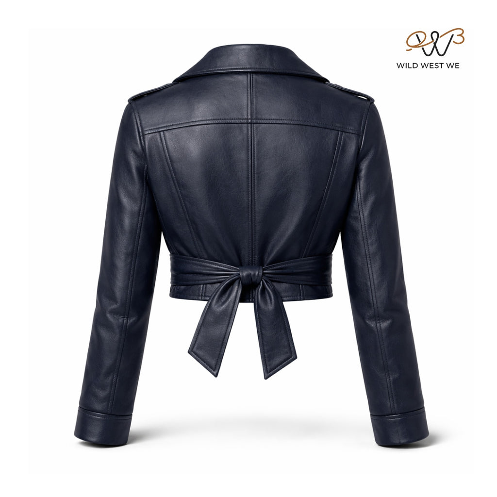 Women’s Navy Blue Cropped Leather Jacket with Belt