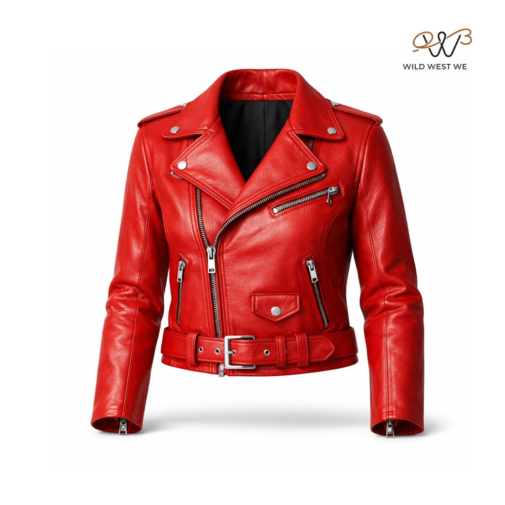 Women’s Red Leather Biker Jacket