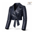 Women’s Navy Blue Cropped Leather Jacket with Belt