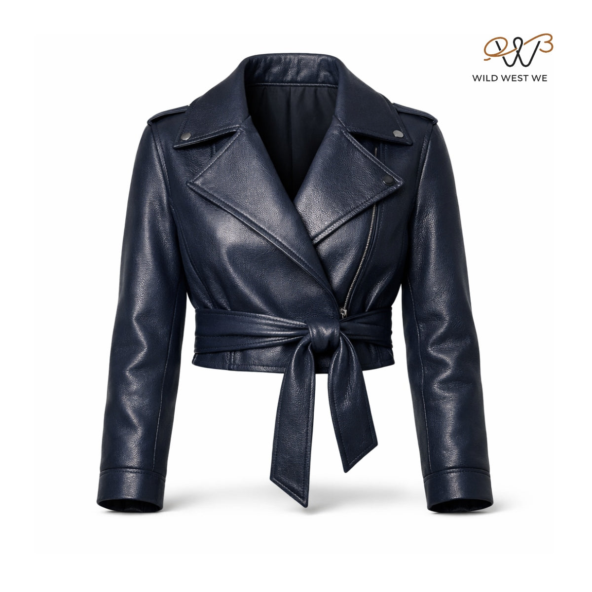 Women’s Navy Blue Cropped Leather Jacket with Belt