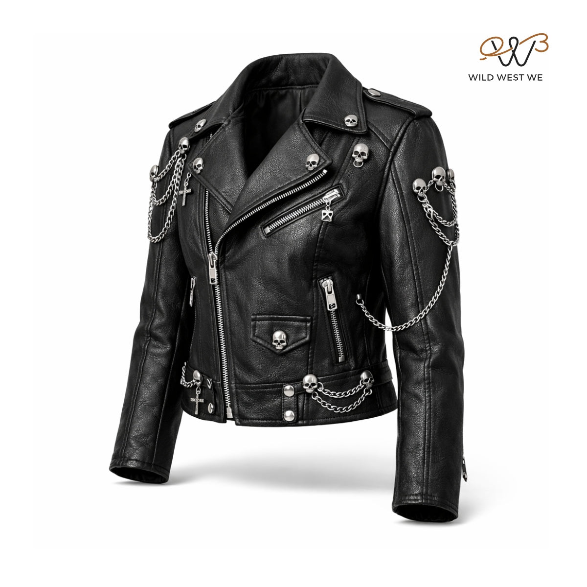 Women’s Gothic Skull Chain Leather Biker Jacket
