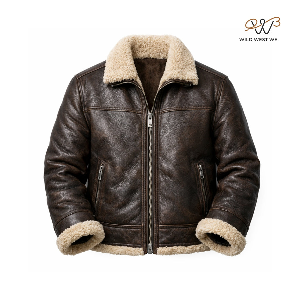 Men’s Brown Shearling Collar Leather Jacket