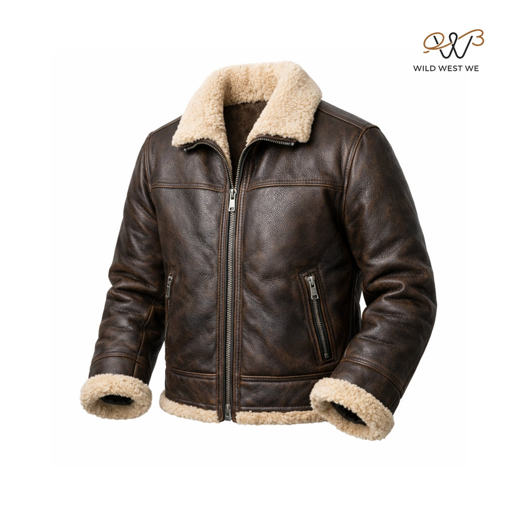 Men’s Brown Shearling Collar Leather Jacket