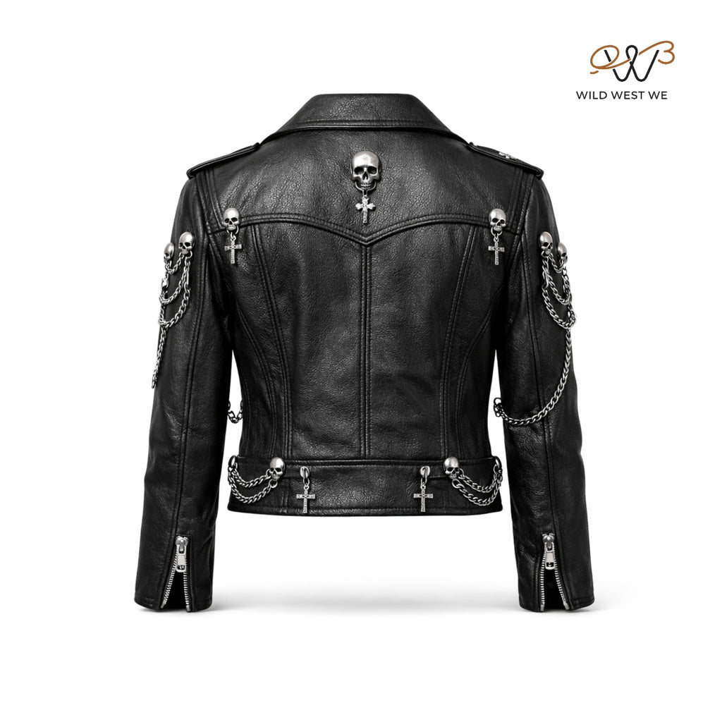 Women’s Gothic Skull Chain Leather Biker Jacket