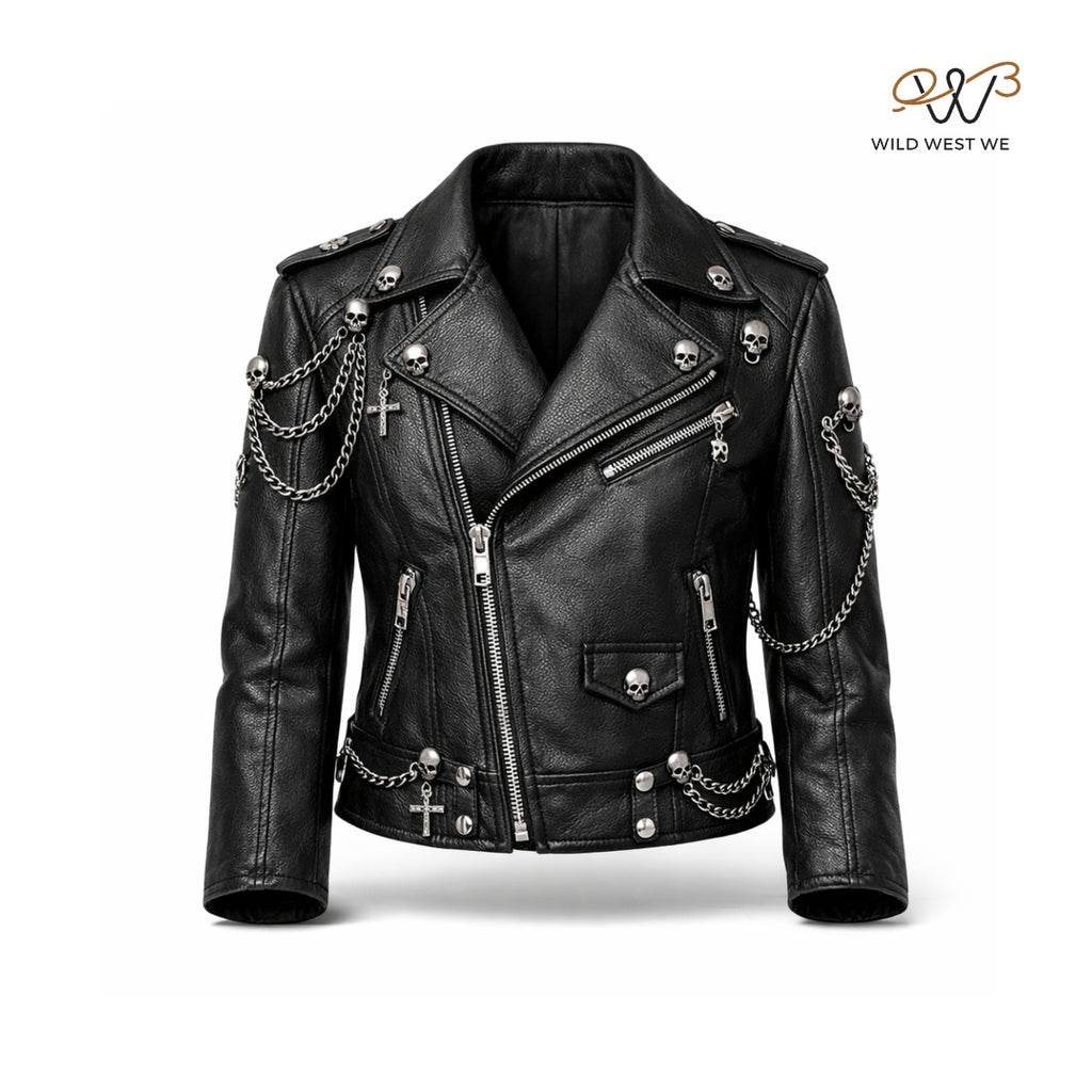 Women’s Gothic Skull Chain Leather Biker Jacket