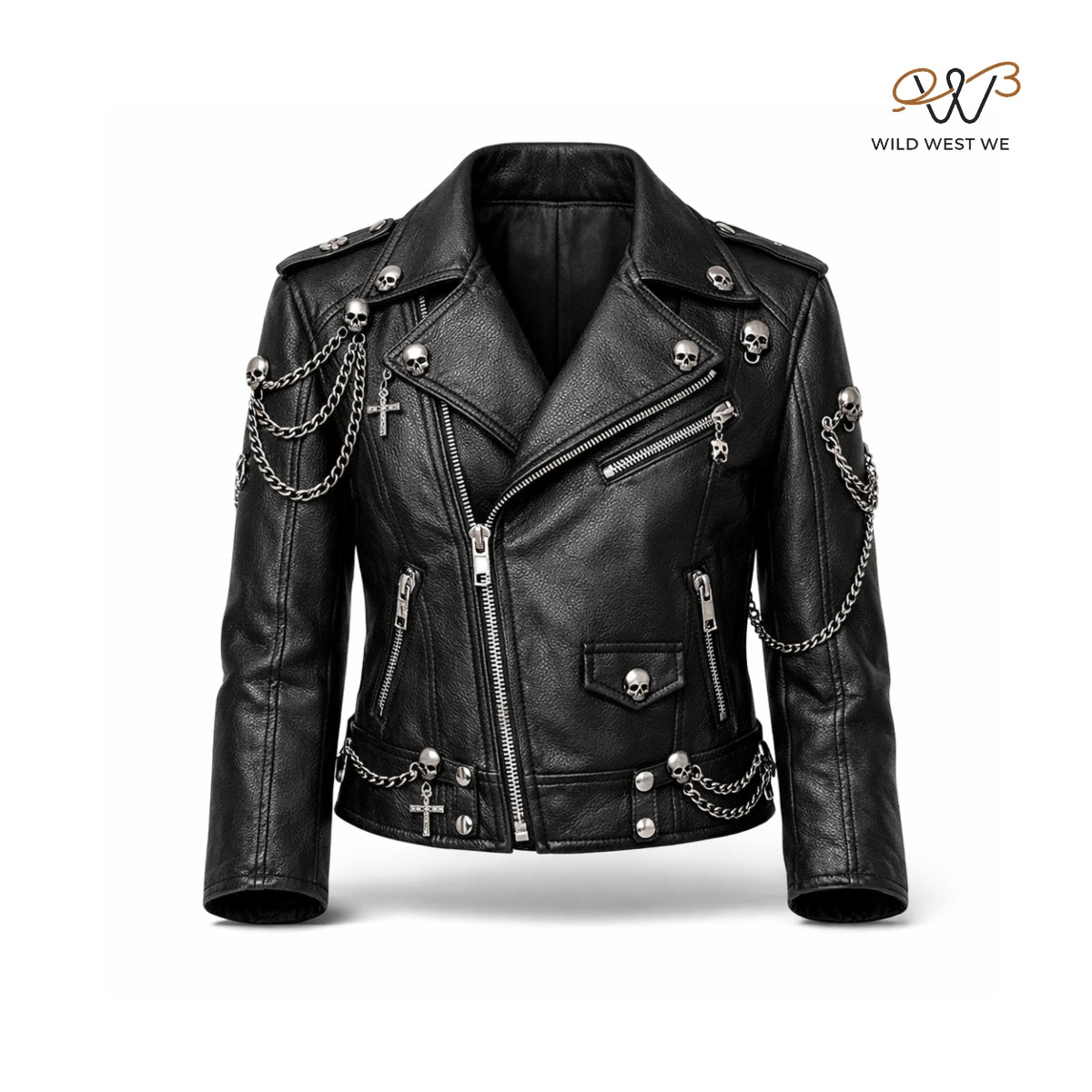 Women’s Gothic Skull Chain Leather Biker Jacket