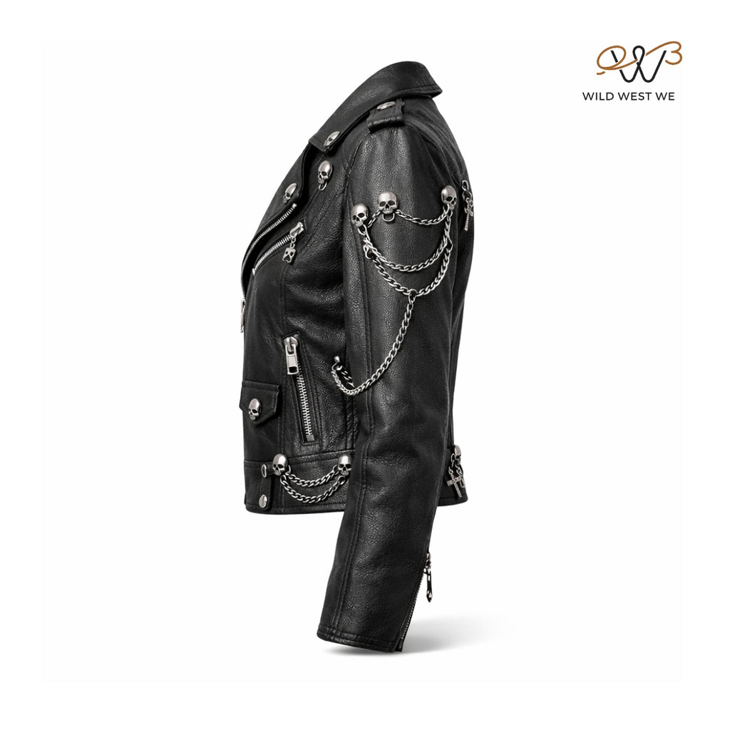 Women’s Gothic Skull Chain Leather Biker Jacket