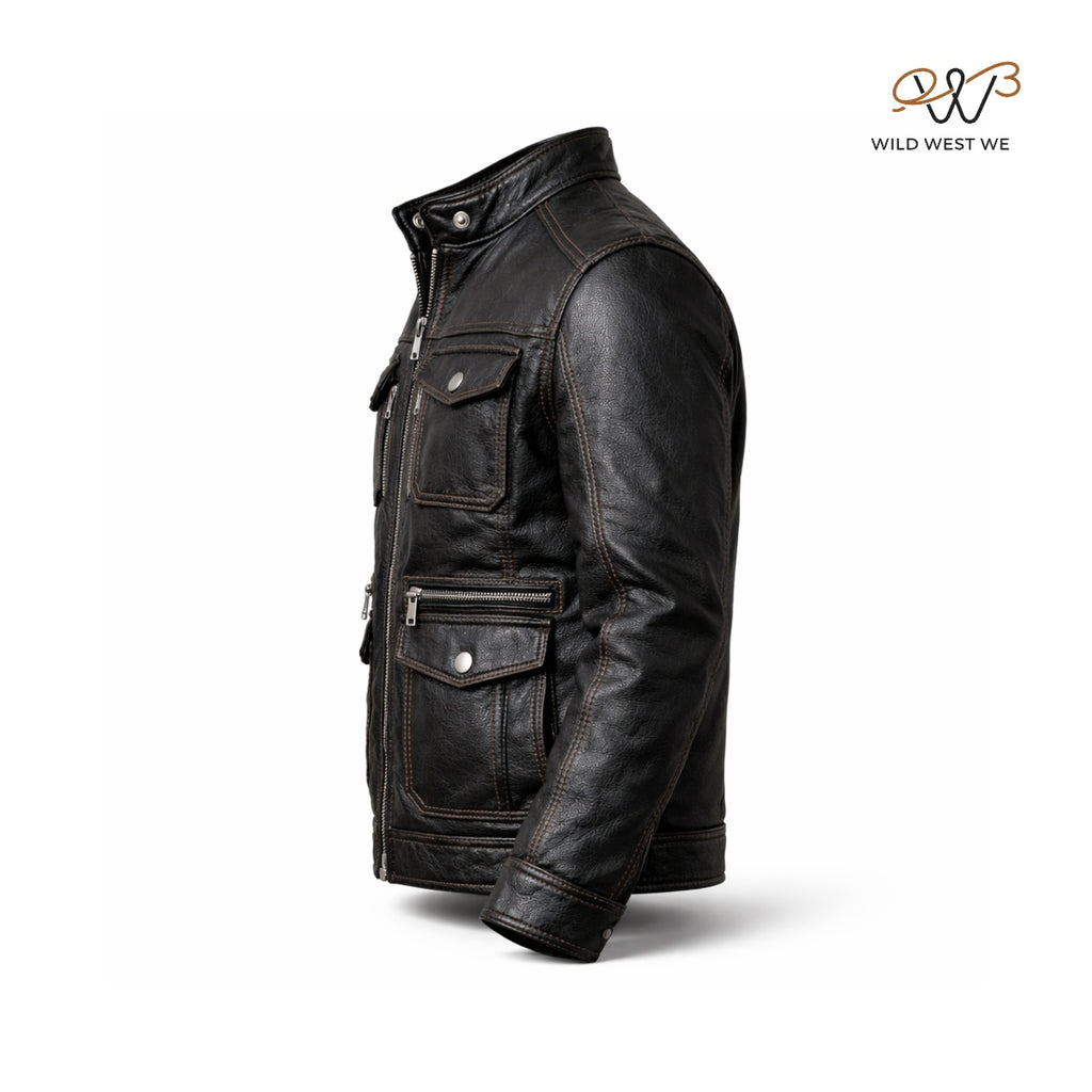 Men’s Black Vintage Distressed Leather Field Jacket