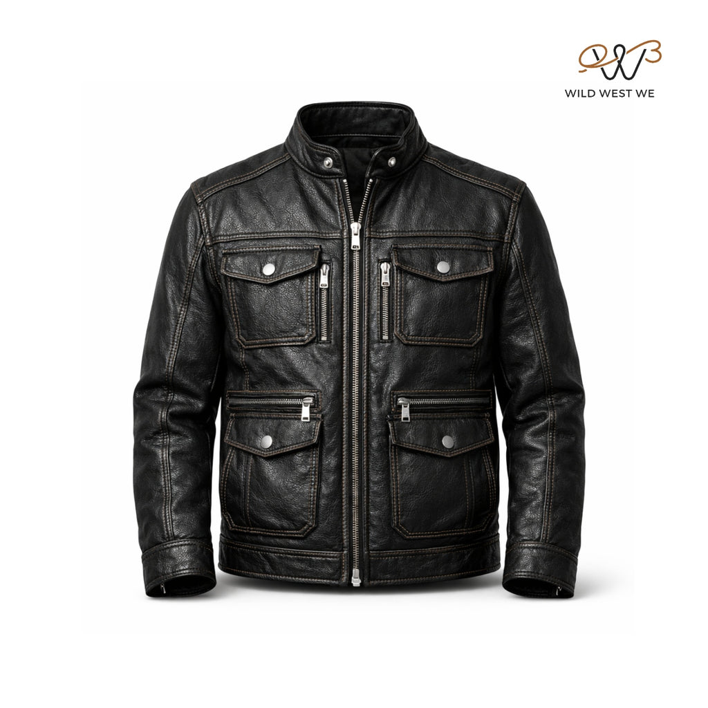 Men’s Black Vintage Distressed Leather Field Jacket