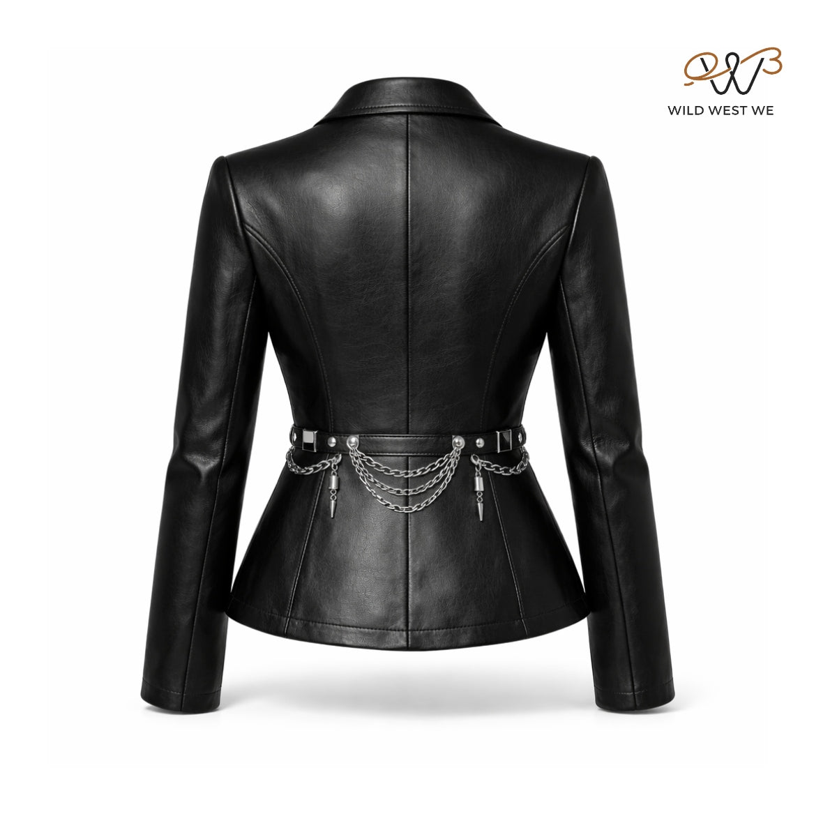 Women’s Black Leather Blazer Jacket with Chain Belt