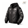 Men’s Black Skull Print Leather Hoodie Jacket