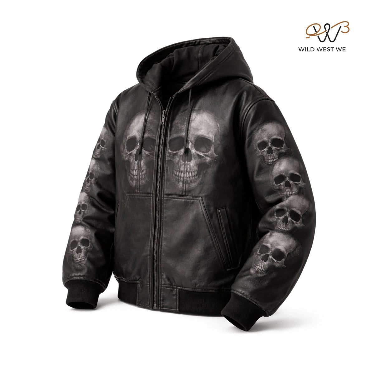 Men’s Black Skull Print Leather Hoodie Jacket