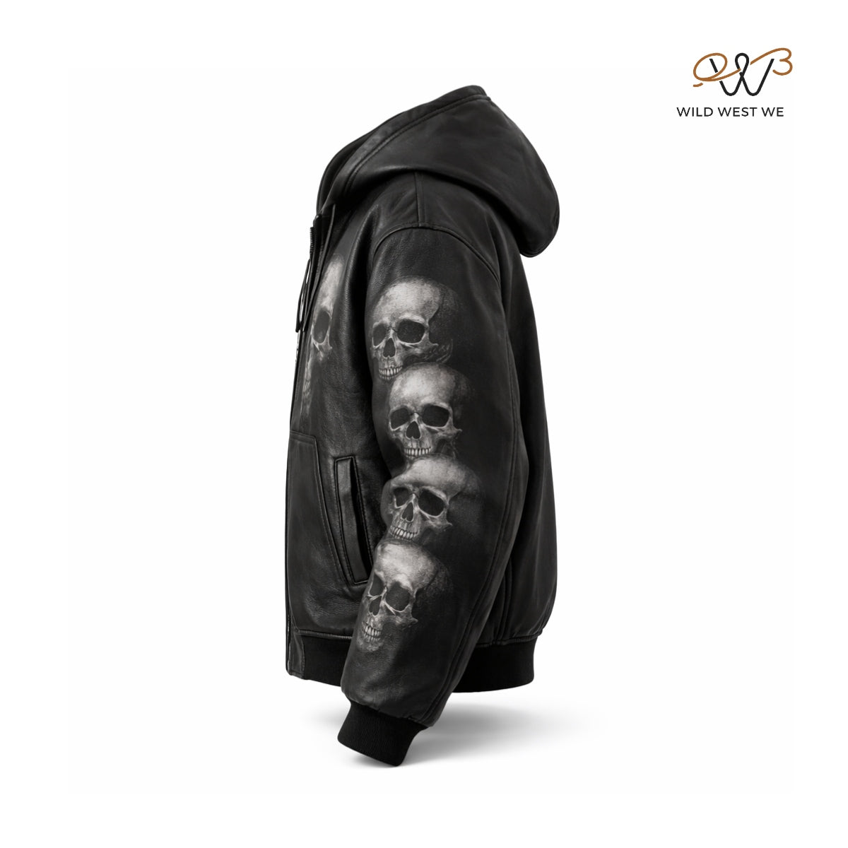 Men’s Black Skull Print Leather Hoodie Jacket