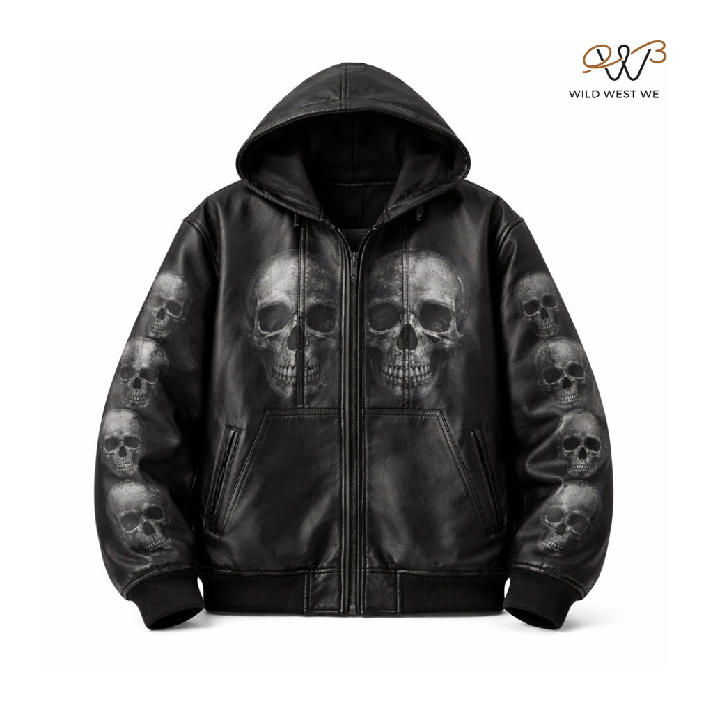 Men’s Black Skull Print Leather Hoodie Jacket